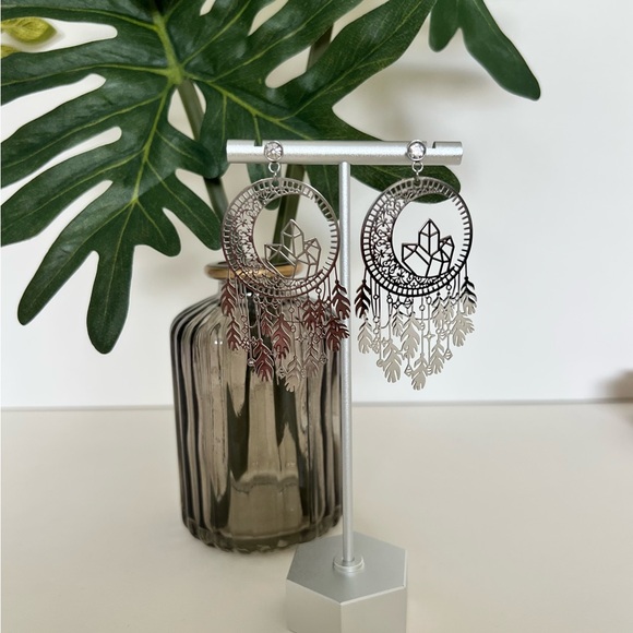 Moon Dream Catcher Silver Dangle Earrings -Silver Witchy Chic Celestial Earrings - Picture 7 of 10